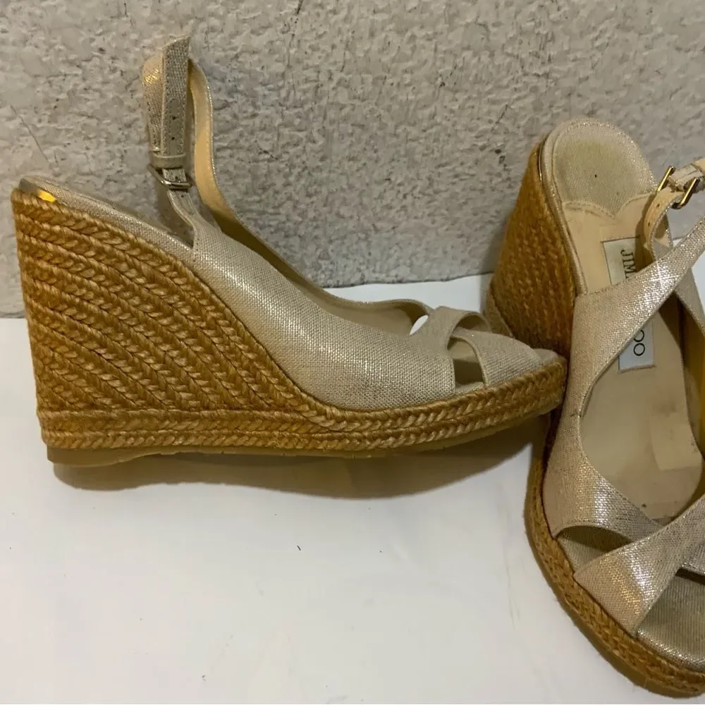 JIMMY CHOO Women’s 38 US 8 Espadrille Platform Wedge Gold Metallic Leather